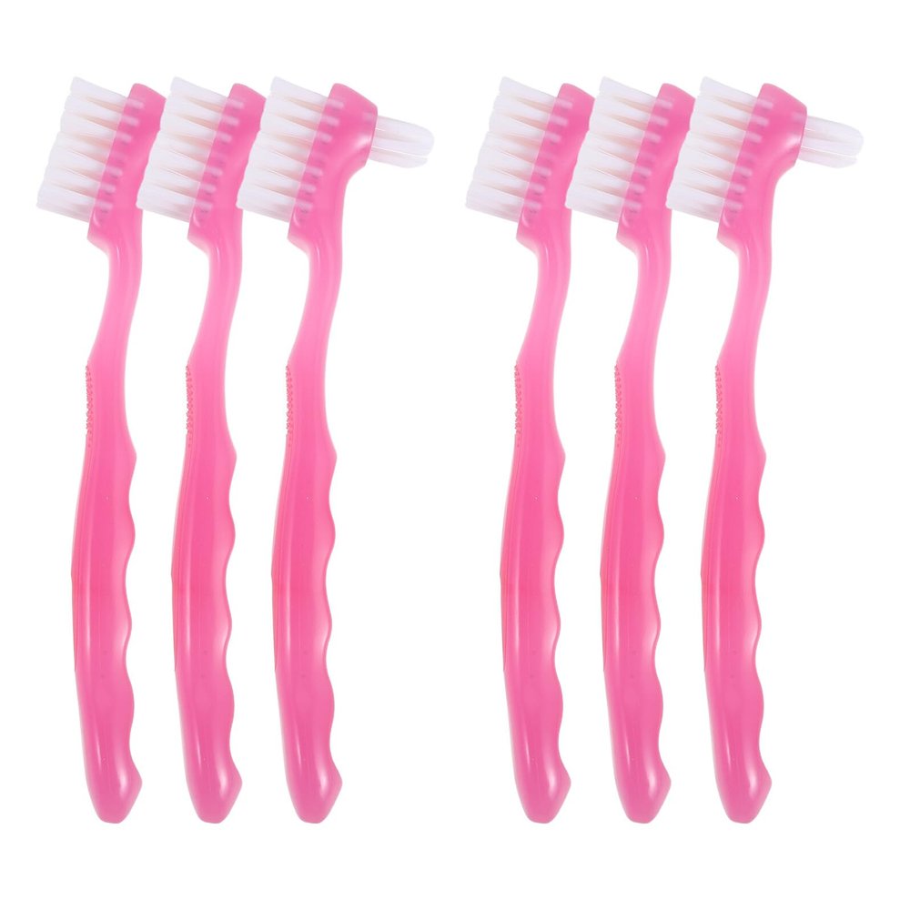 NIYANGLE 6pcs Dual-Ended Denture Cleaning Brushes for Elderly Soft Bristle Toothbrush Set for False Teeth Care, Portable Oral Cleaning Tool with Ergonomic Handle, Rosy Pink