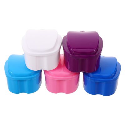 Abaodam 5pcs Denture Soaking Container Set with Strainer Basket for False Teeth Storage, Travel-Friendly Dental Retainer Case in Dark Blue, Light Blue, Pink, White, and Purple