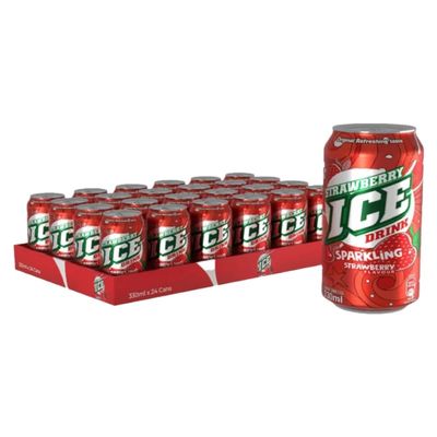 ICE Strawberry Sparkling Soft Drink Cans, Strawberry Flavour Carbonated Beverage, Multipack of 24 x 330ml Cans, Fizzy Soft Drink for Home, Parties, Events and Everyday Refreshment- By MegaAisle