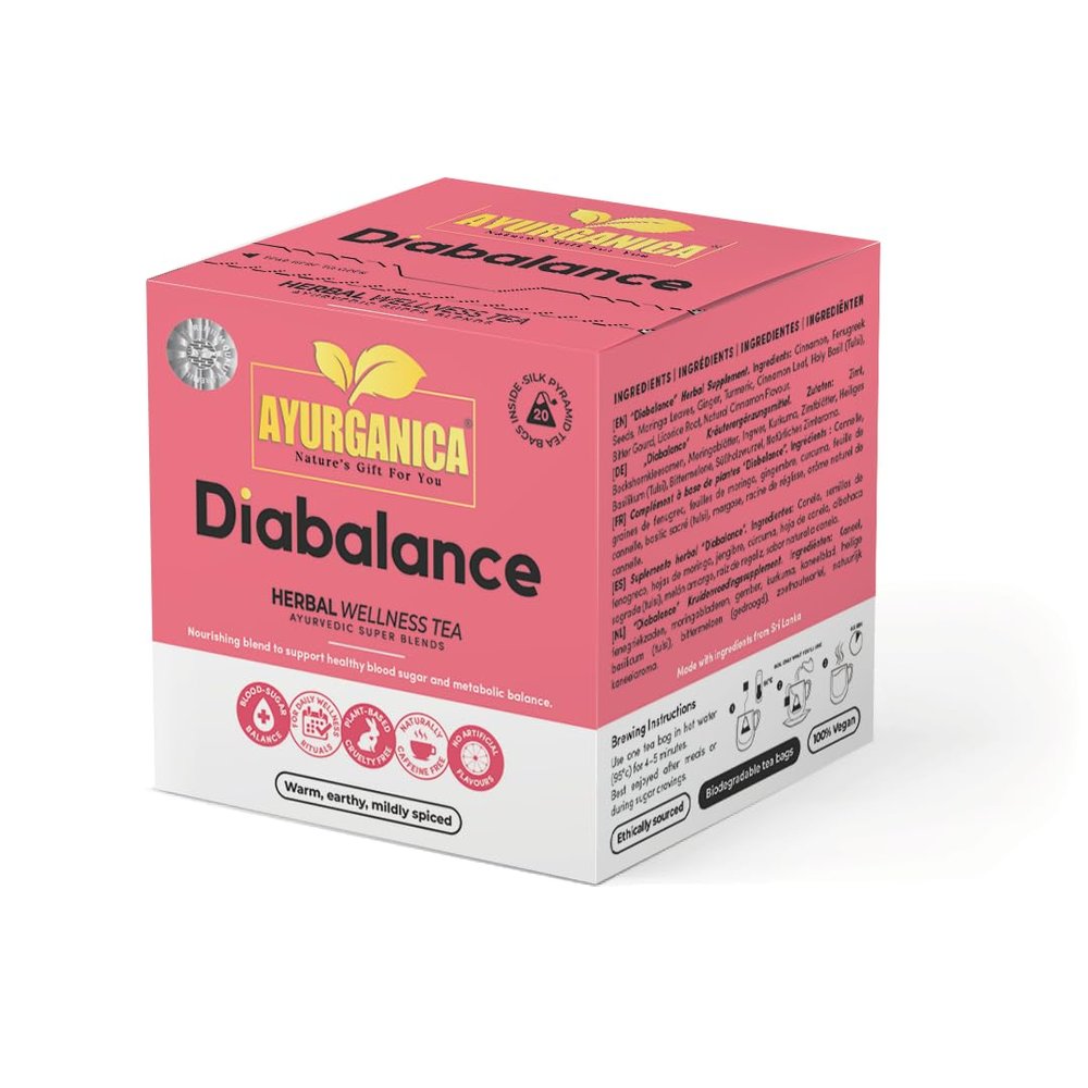 Ayurganica Diabalance Herbal Tea With 9 Active Ingredients 60 Counts For Blood Sugar Control & Diabetes Cinnamon, Fenugreek Seeds, Moringa, Bitter Gourd & Holy Basil Silk Individual Tea Bags
