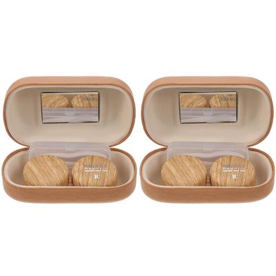 DECORNIJIA Vintage Large Diameter Dual Contact Lens Case Set, Retro Pu Leather with Wood Grain, Leak-resistant Travel Contact Lens Storage Box for Women, 2pcs Light Brown