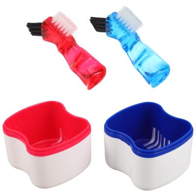 Vaguelly 2pcs Denture Cleaning Brush and Fake Teeth Storage Box Set with Strainer Basket, Portable Retainer Holder Case for Braces Maintenance and Travel Oral Care