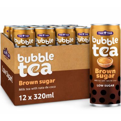 Tiger Tiger Brown Sugar Bubble Tea Cans with Nata de Coco 12 x 320ml Low Sugar Boba Tea Cans, Ready to Drink Iced Tea Multipack