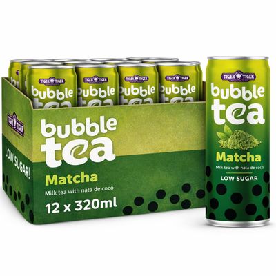 Tiger Tiger Matcha Bubble Tea Cans with Nata de Coco 12 x 320ml Low Sugar Boba Tea Cans, Ready to Drink Iced Tea Multipack