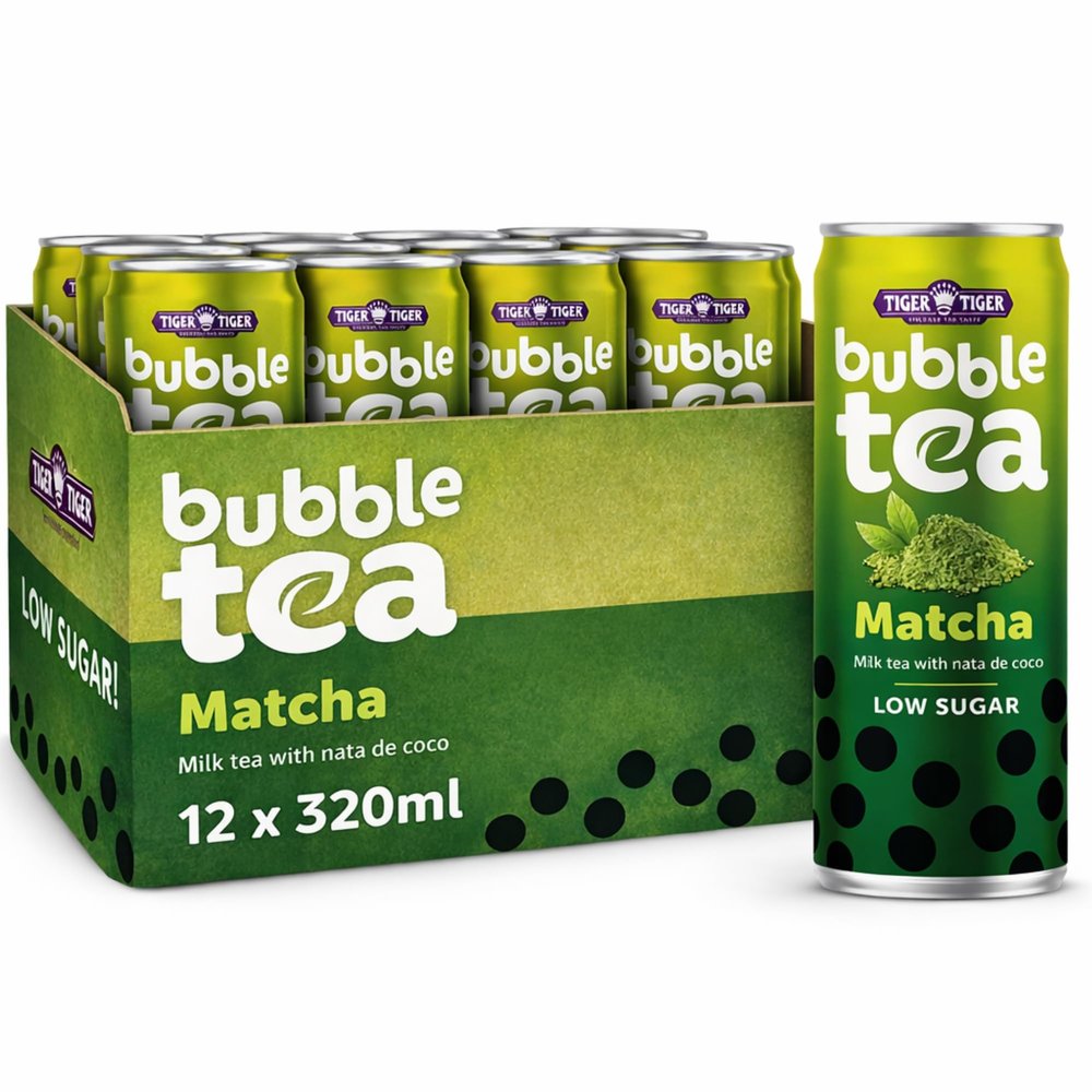 Tiger Tiger Matcha Bubble Tea Cans with Nata de Coco 12 x 320ml Low Sugar Boba Tea Cans, Ready to Drink Iced Tea Multipack