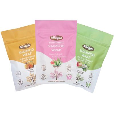 Nilaqua No Rinse Shampoo Cap Variety Bundle Biodegradable Shampoo Wraps Watermelon, Oatmilk & Apple Vegan Waterless Hair Wash for Care & Travel