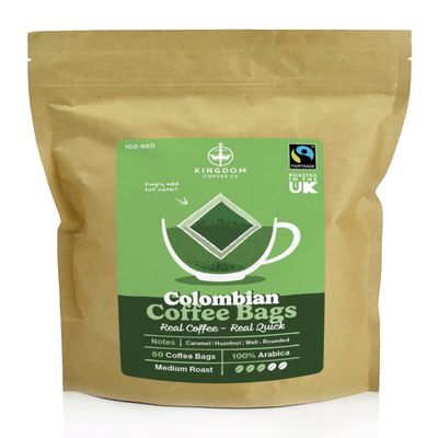 Kingdom Coffee Colombian Coffee Bags 50 x 8g | Fairtrade Certified | Resealable Bag | 3/5 Strength