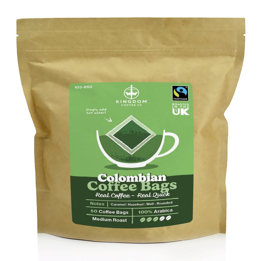 Kingdom Coffee Colombian Coffee Bags 50 x 8g | Fairtrade Certified | Resealable Bag | 3/5 Strength