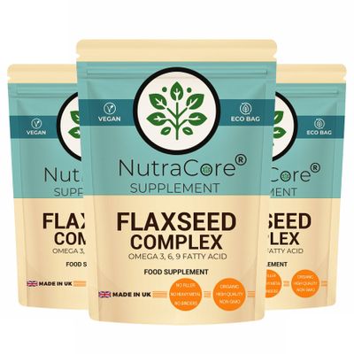 Flaxseed Oil 1000mg Capsules Omega 3 6 9 Fatty Acid Complex Cold Pressed Linseed (Linum Usitatissimum) High Strength Vegan Omega Supplement UK Made, Non-GMO, No Fillers NutraCore (270)