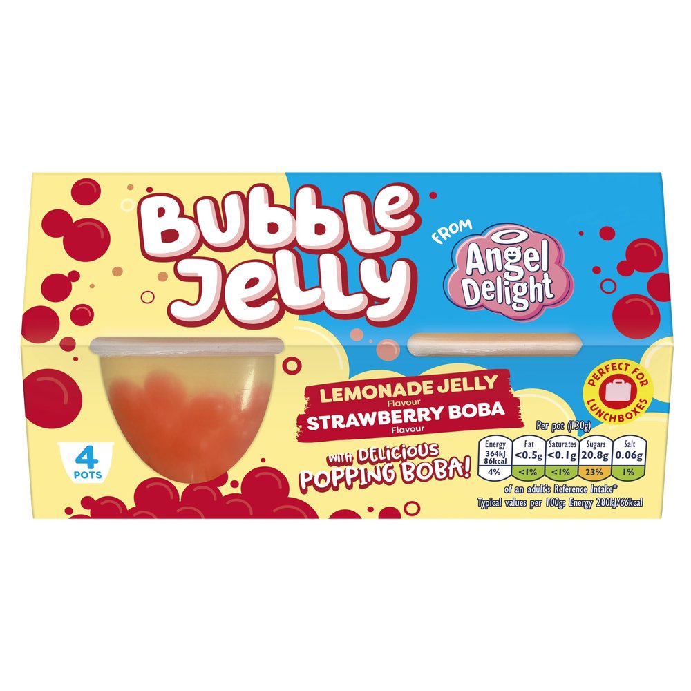 Angel Delight Lemonade Jelly and Strawberry Boba Bubble Dessert Snack Pot x4