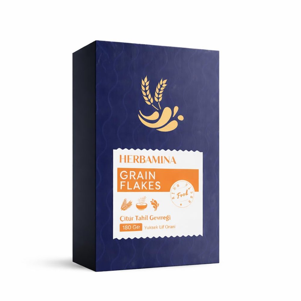 Herbamina Grain Flakes Breakfast Cereal, High Fibre Crispy Wheat Flakes, Quick & Easy Breakfast or Snack with Milk or Yogurt, 180g
