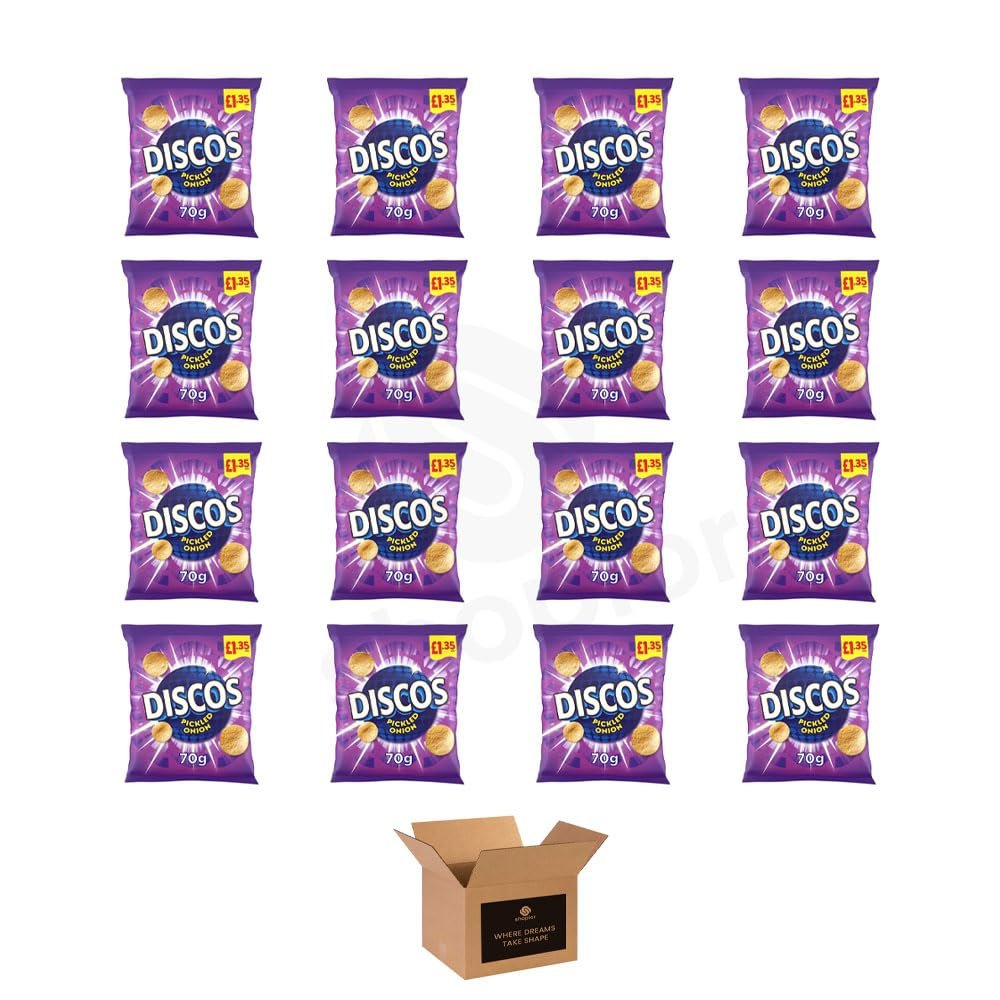 Discos Crisps Multipack 6 | Cheese & Onion, Salt Vinegar, Prawn Cocktail | Bold Flavour, Crunchy Snack for Lunchboxes, Office, School- (Pickled Onion 1.35-70g x 16Pack)