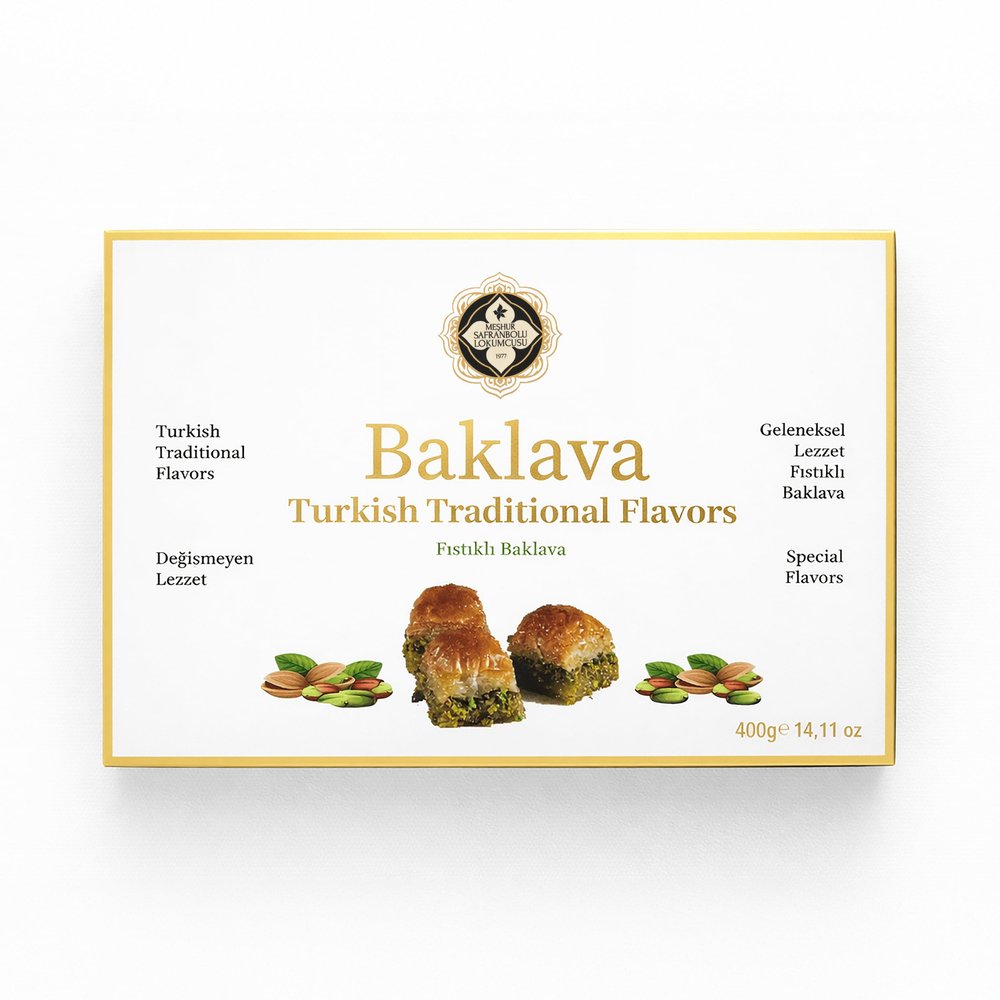 Mehur Safranbolu Lokumcusu Turkish Pistachio Baklava Pastry 14.11 oz (400g) Authentic Turkish Desserts, Halal Gourmet Sweets Gift Box