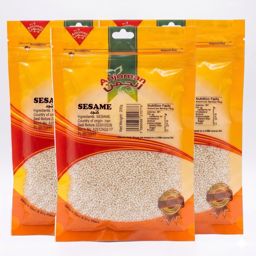 Anjoman White Sesame Seeds 4x200g | Raw Natural Whole Hulled Sesame Multipack for Baking & Cooking | Premium Bulk Konjed Grains