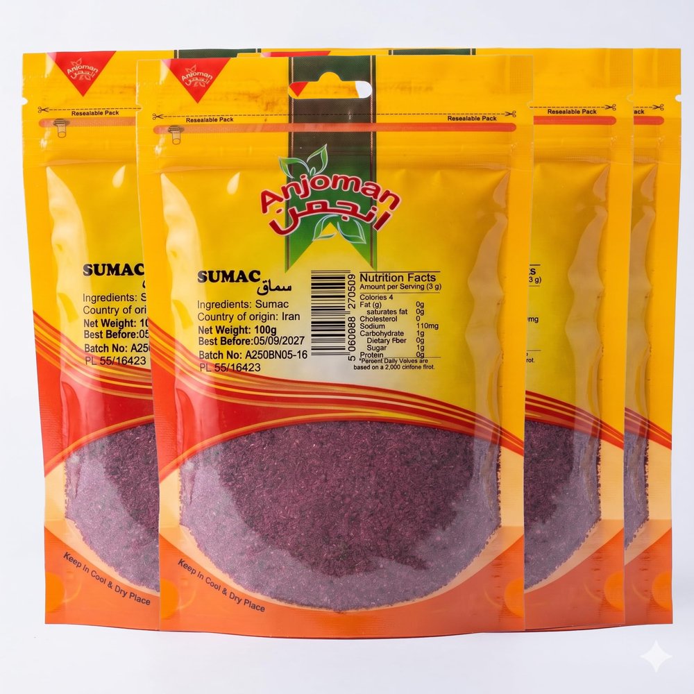 Anjoman Sumac Spice Powder Ground 5 x 100g Pure Coarse Natural Middle Eastern Spice Pack Salt Free, Gluten Free Tangy Lemony Seasoning for Kebabs & Salads