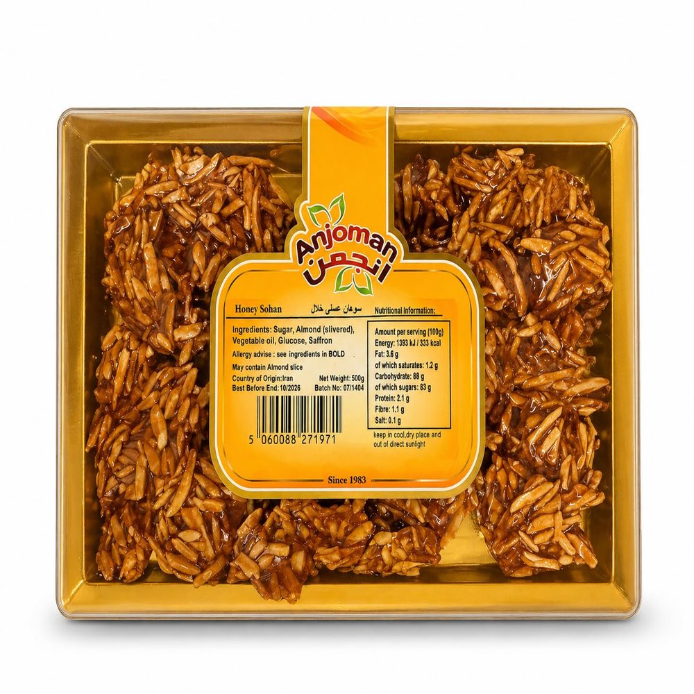 Anjoman Honey Sohan Almond Toffee 500g Traditional Crunchy Honey Toffee with Sliced Almonds Premium Thin Brittle Candy Luxury Dessert & Gourmet Gift Pack 500g Box