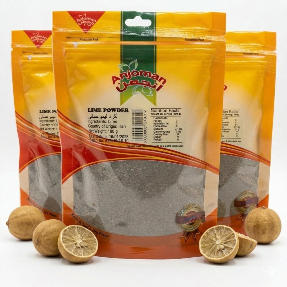 Anjoman Dried Black Lime Powder (Limoo Amani) 100g (Pack of 4) Ground Loomi Persian Spice, Tangy Sun-Dried Citrus Seasoning for Cooking & Marinades