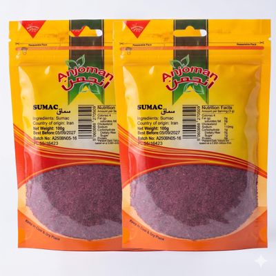 Anjoman Sumac Spice Powder Ground 2 x 100g Pure Coarse Natural Middle Eastern Spice Pack Salt Free, Gluten Free Tangy Lemony Seasoning for Kebabs & Salads