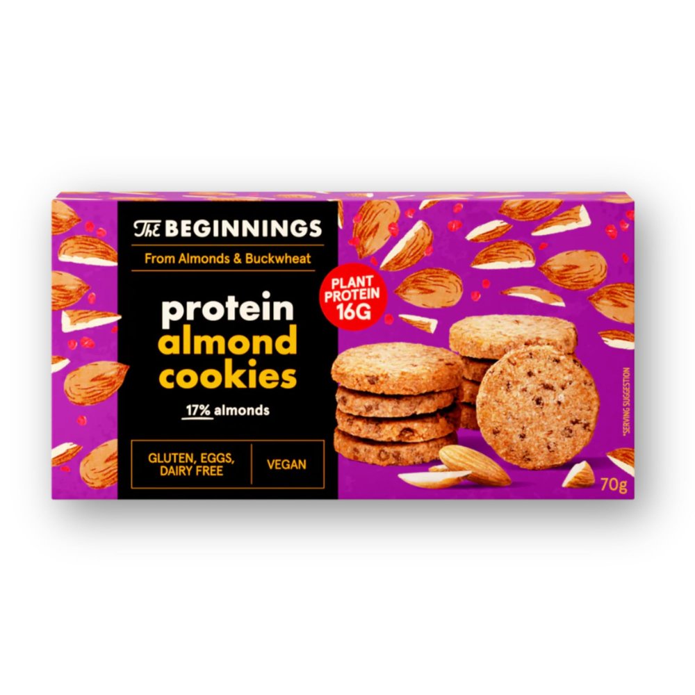 The Beginnings Almond Protein Cookies 70g Soft-Baked Gluten Free, Oat-Free, Vegan & Dairy Free, 17% Pea Protein, Plant-Based Protein, Free From Cookies