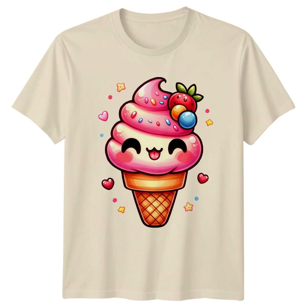 Cute Kawaii Ice Cream Cone with Sprinkles and Strawberry T-Shirt Kawaii Food Dessert Sweet Lover Birthday Gift for Him and Her M