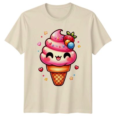 Cute Kawaii Ice Cream Cone with Sprinkles and Strawberry T-Shirt Kawaii Food Dessert Sweet Lover Birthday Gift for Him and Her 3XL