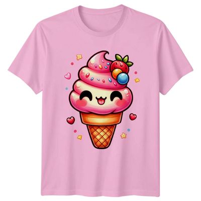 Cute Kawaii Ice Cream Cone with Sprinkles and Strawberry T-Shirt Kawaii Food Dessert Sweet Lover Birthday Gift for Him and Her S