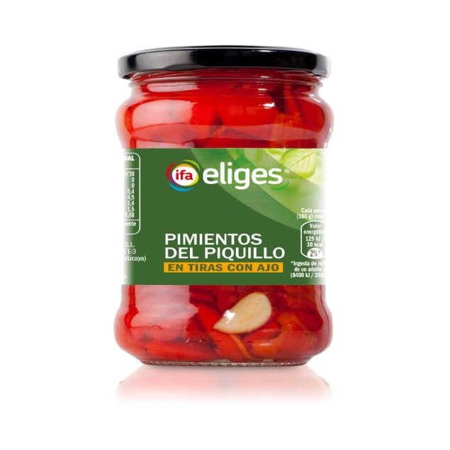 Vegetal Piquillo Pepper Strips with Garlic 220g IFA Eliges (Drained Weight) Pack of 4 | Roasted Red Peppers in Jar