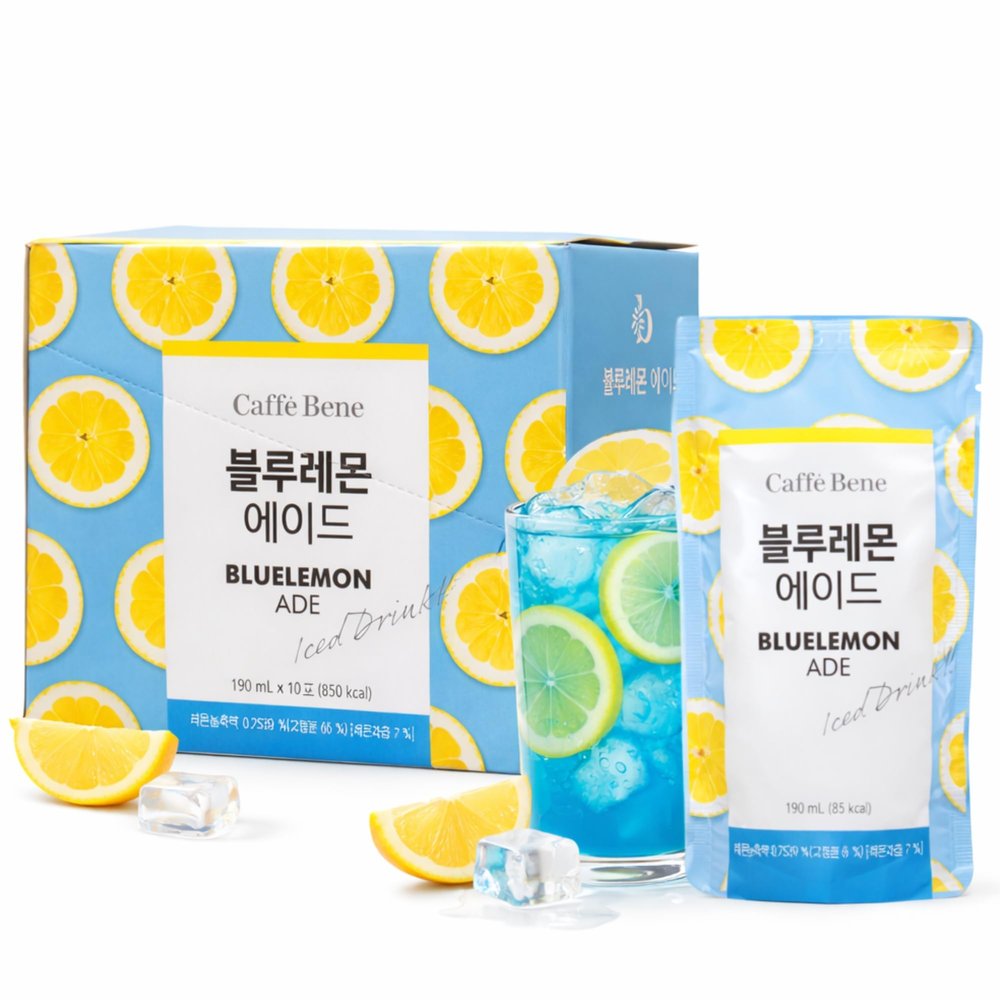 Caffe Bene Blue Lemonade Ade 190ml x 10 Pouches Ready to Drink Blue Lemonade Ade, Korean Style Ade Beverage Multipack