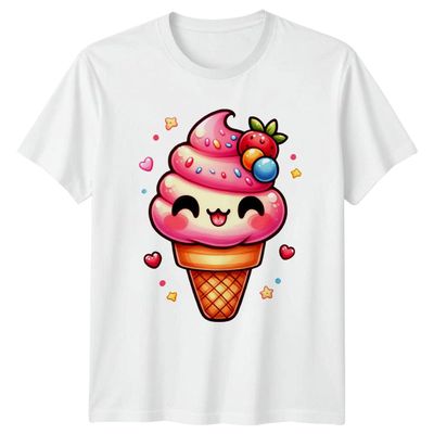 Cute Kawaii Ice Cream Cone with Sprinkles and Strawberry T-Shirt Kawaii Food Dessert Sweet Lover Birthday Gift for Him and Her S