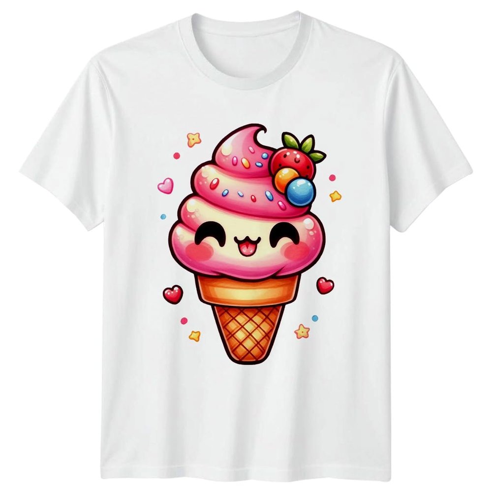 Cute Kawaii Ice Cream Cone with Sprinkles and Strawberry T-Shirt Kawaii Food Dessert Sweet Lover Birthday Gift for Him and Her S