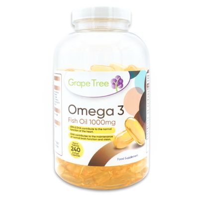 Grape Tree Omega 3 Fish Oil 1000mg 240 Softgels. 4 Month Supply. EPA & DHA Omega-3 Fatty Acids. Fish Oil Capsules Made in the UK. Gluten & Lactose Free