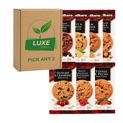 Pick & Mix Walkers Biscuits Choose Any 2 Fruit & Lemon; Stem Ginger; Oatflake Cranberry; Raspberry & White Choc; Belgian Choc Chunk; Toffee Pecan & Hazelnut Compatible for Walkers By Luxe Bitez