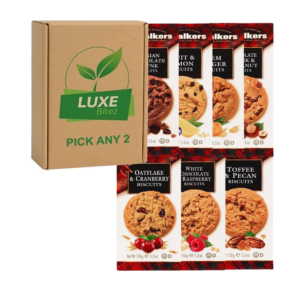 Pick & Mix Walkers Biscuits Choose Any 2 Fruit & Lemon; Stem Ginger; Oatflake Cranberry; Raspberry & White Choc; Belgian Choc Chunk; Toffee Pecan & Hazelnut Compatible for Walkers By Luxe Bitez