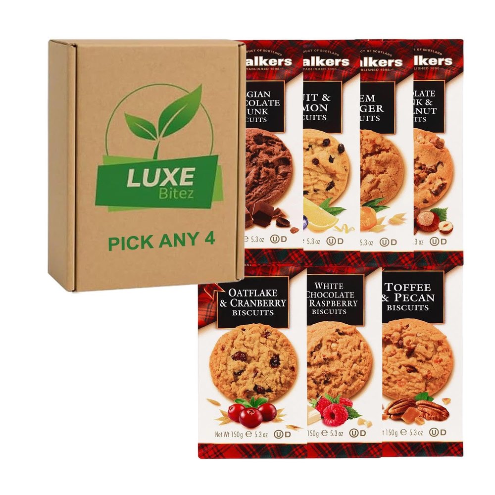 Pick & Mix Walkers Biscuits Choose Any 4 Fruit & Lemon; Stem Ginger; Oatflake Cranberry; Raspberry & White Choc; Belgian Choc Chunk; Toffee Pecan & Hazelnut Compatible for Walkers By Luxe Bitez