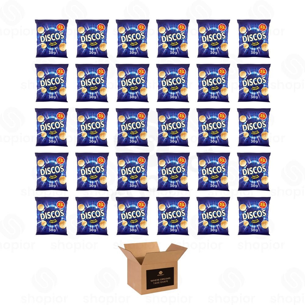 Discos Crisps Multipack | Cheese & Onion, Salt Vinegar, Prawn Cocktail, Pickled Onion| Bold Flavour, Crunchy Snack for Lunchboxes, Office, School (Salt & Vinegar 55p - 30g x 30Pack)
