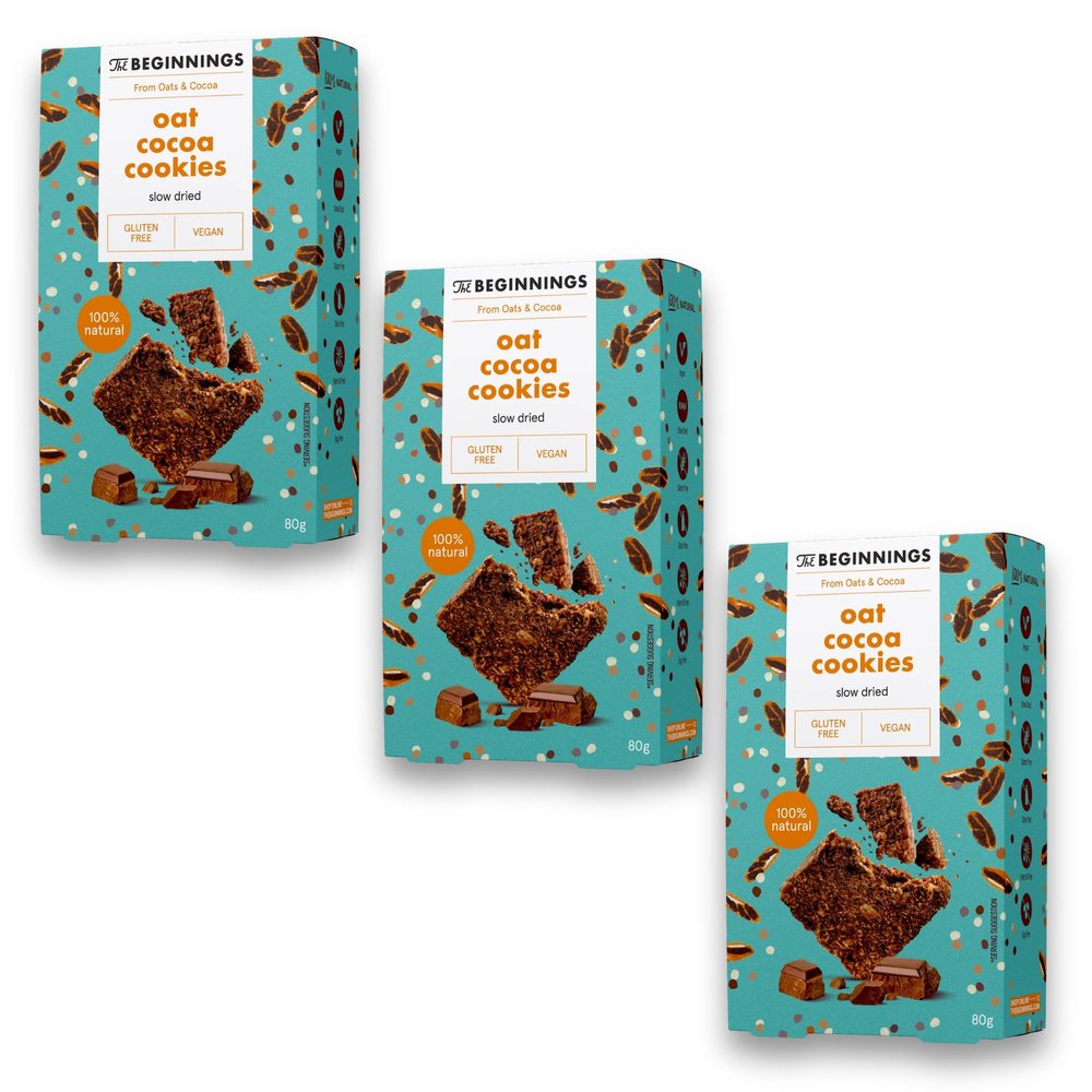 The Beginnings Cocoa Oat Cookies (3 * 80g) Gluten Free Oat Biscuits, Vegan & Dairy Free, Naturally Sweetened with Agave, Real Cocoa Butter & Nibs, Free From Biscuits
