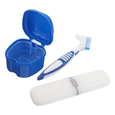 COLLBATH Denture Care Kit Soft Denture Toothbrush for Travel False Teeth Container for Cleaning and Storage