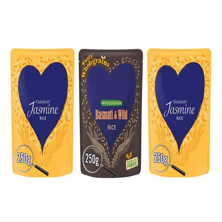 Fragrant Jasmine Rice and Basmati & Wild Wholegrain Rice, 250g Each, Pack of 3, Suitable for Vegetarians & Vegans