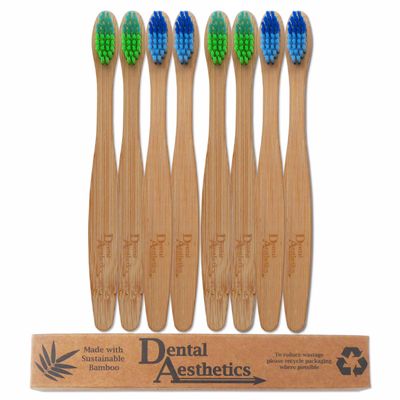 Children's Bamboo Toothbrush ~ Colour Blend Green & Blue ~ Eco-Friendly Biodegradable Plastic-Free Packaging (Set of 8)