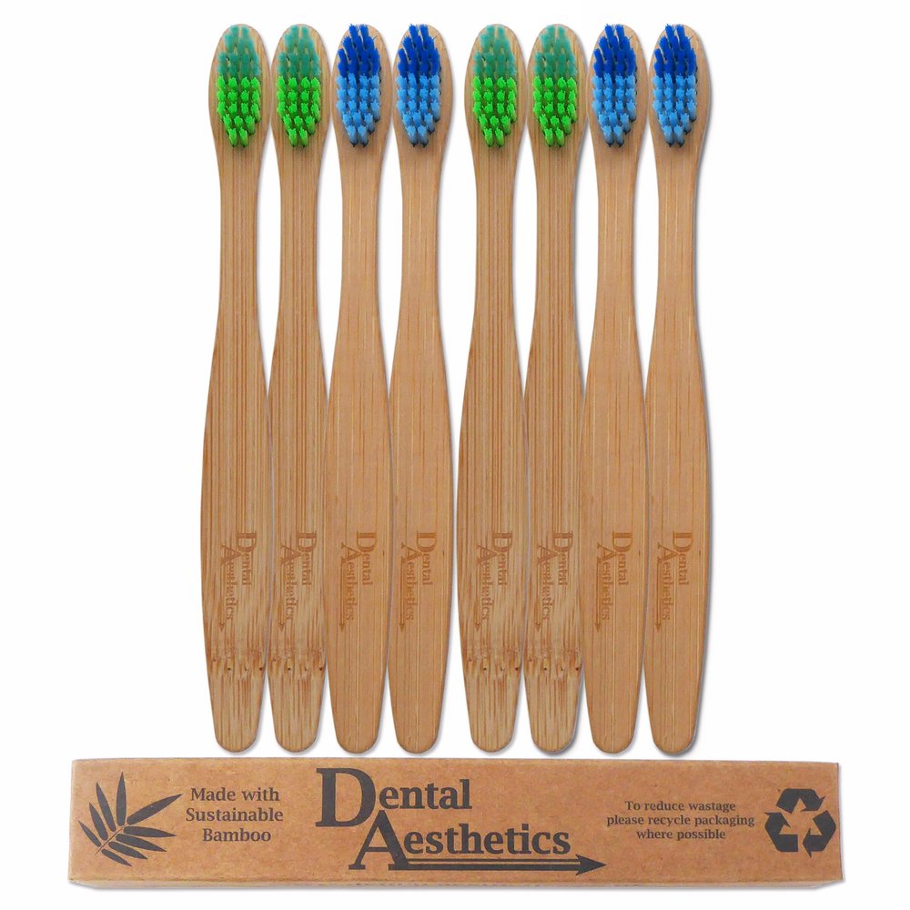 Children's Bamboo Toothbrush ~ Colour Blend Green & Blue ~ Eco-Friendly Biodegradable Plastic-Free Packaging (Set of 8)