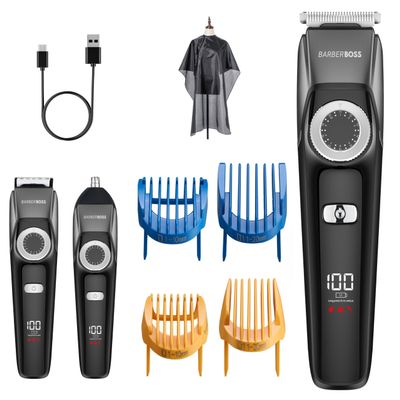 BarberBoss Mens Cordless Beard Trimmer Kit, 3-in-1 Groomer for Men, Beard, Hair & Nose Clipper with Adjustable Dial, Ceramic Blades, Mens Complete Grooming Kit