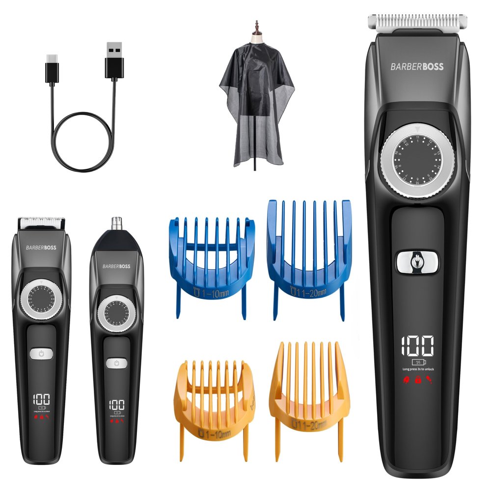 BarberBoss Mens Cordless Beard Trimmer Kit, 3-in-1 Groomer for Men, Beard, Hair & Nose Clipper with Adjustable Dial, Ceramic Blades, Mens Complete Grooming Kit