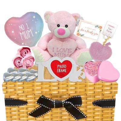 Gift Hampers for Mum - Teddy Bear, Heart Chocolates, Strawberry Candy, Rose Bath Soap, Photo Frame, Balloon, Keyring & Greeting Card - Birthday Gift for Mum, Wife, Grandma
