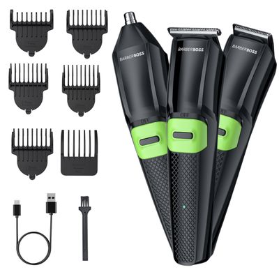BarberBoss Mens 3 in 1 Grooming Kit, Beard & Hair Trimmer for Men, Hair Clipper & Nose Hair Trimmer for Haircut, Mens Beard & Facial Groomer