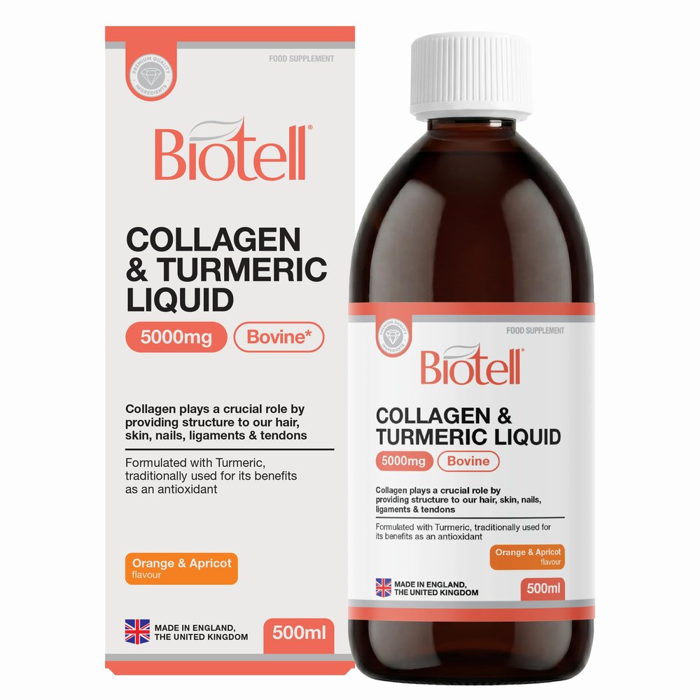 Biotell Collagen & Turmeric Liquid 5000mg (500ml) Hydrolysed Bovine Collagen Peptides Type I & III + Turmeric Extract (Curcumin) Liquid Collagen Drink for Joints, Skin, Hair & Nails