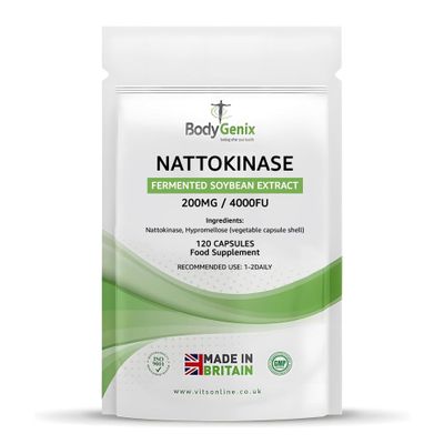Bodygenix Nattokinase Capsules 200mg - 4000 FU High Strength Japanese Fermented Soybean Enzyme Vegan - Non GMO Gluten Free Formula for Daily Heart and Circulation Support Made in UK (120)
