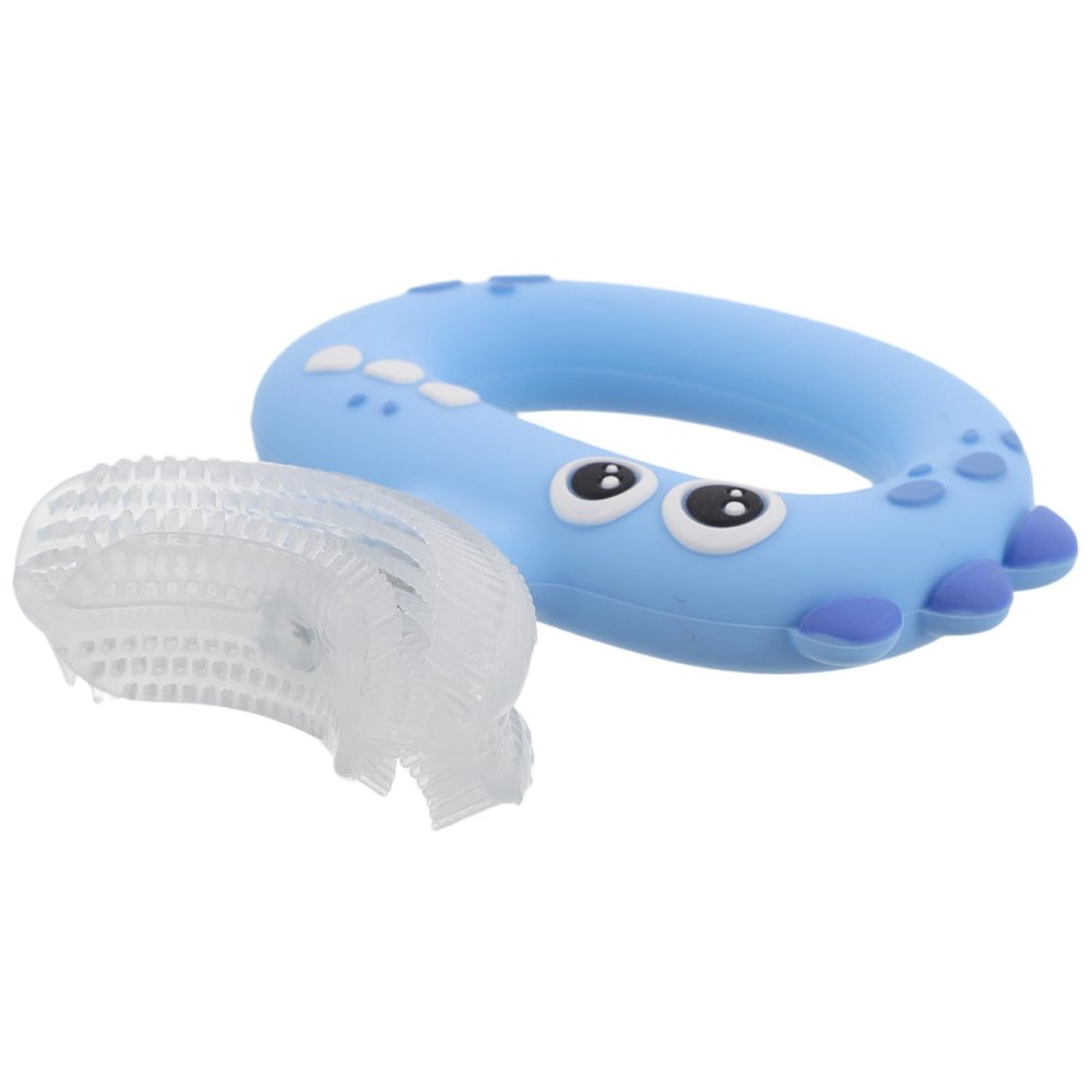 FRCOLOR Silicone U-Shaped Toothbrush for Ages 0-3 with Soft Silicone Bristles, Blue Dinosaur Design, Training Mouthpiece Toothbrush for Early Oral Care and Whole Mouth Cleaning
