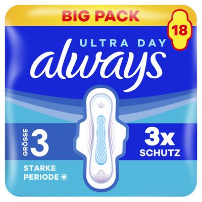 Always Ultra Sanitary Towels Strong Period (Size 3) with Wings Pack of 18, Very Absorbent, Ultra Thin, for Period