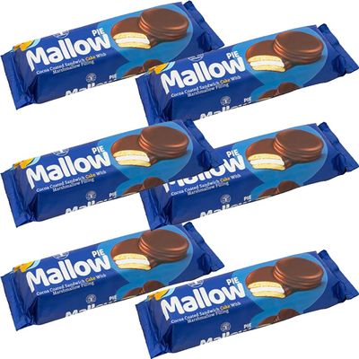 Mallow Pie Cake 184g Cocoa Coated Sandwich Cakes with Soft Marshmallow Filling, Chocolate Covered Sweet Snack Pack (6 x Pack)