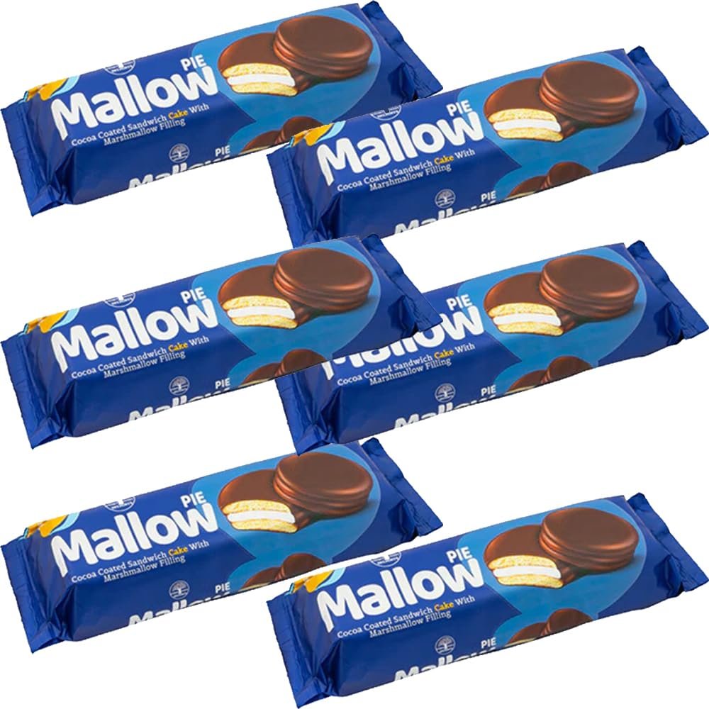 Mallow Pie Cake 184g Cocoa Coated Sandwich Cakes with Soft Marshmallow Filling, Chocolate Covered Sweet Snack Pack (6 x Pack)